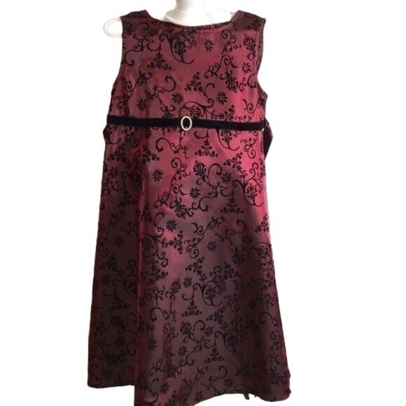 Sleeveless Dress Burgundy Red Black Flowers Pullover Buttons Size 7 - Picture 1 of 9